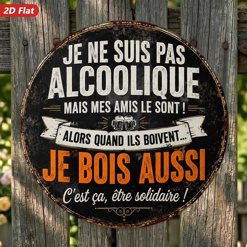 2D Flat, 1pc French Humor Bar Round Metal Sign Wall Art, French Humor, Home Decor, Distressed Vintage Typography