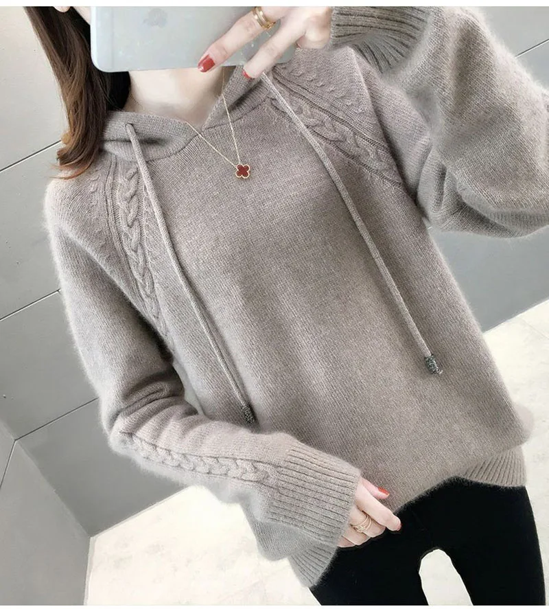 

Autumn Winter New Knitted Women Sweater Loose Korean Sweet Lady Sweater Hooded Long Sleeve Lace Up Pullover Short Sweater