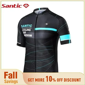 Santic 남성용 사이클링 저지, 반팔 전체 지퍼, MTB 자전거 셔츠, 빠른 건조 통기성 반사 자전거 탑, 아시아 사이즈