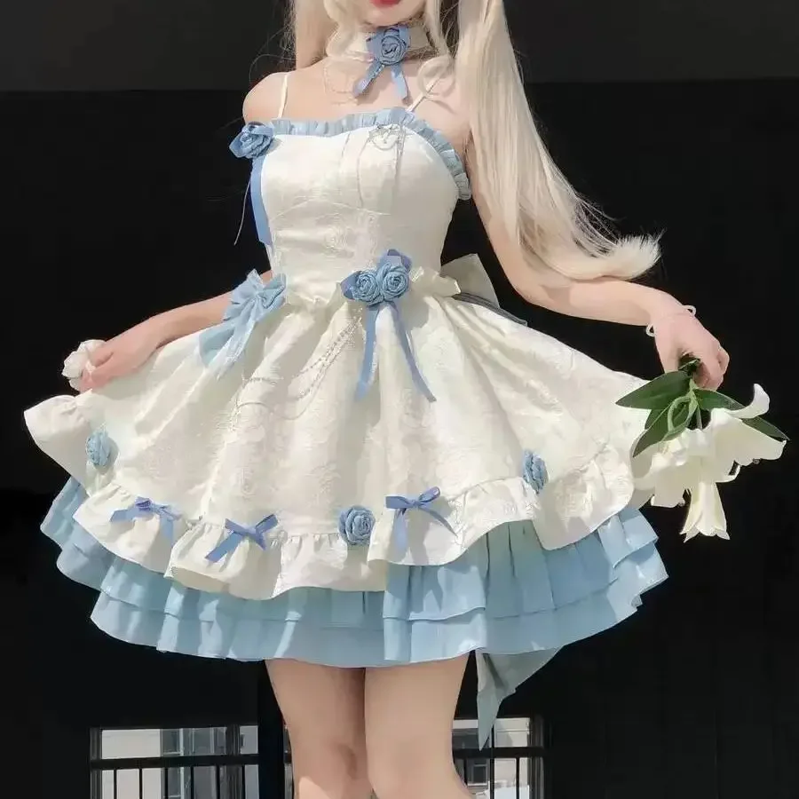 فستان نسائي ياباني لوليتا حبال الجوزاء الأزرق الأميرة الظلام القوطية حبال اليابان أزياء زي #4