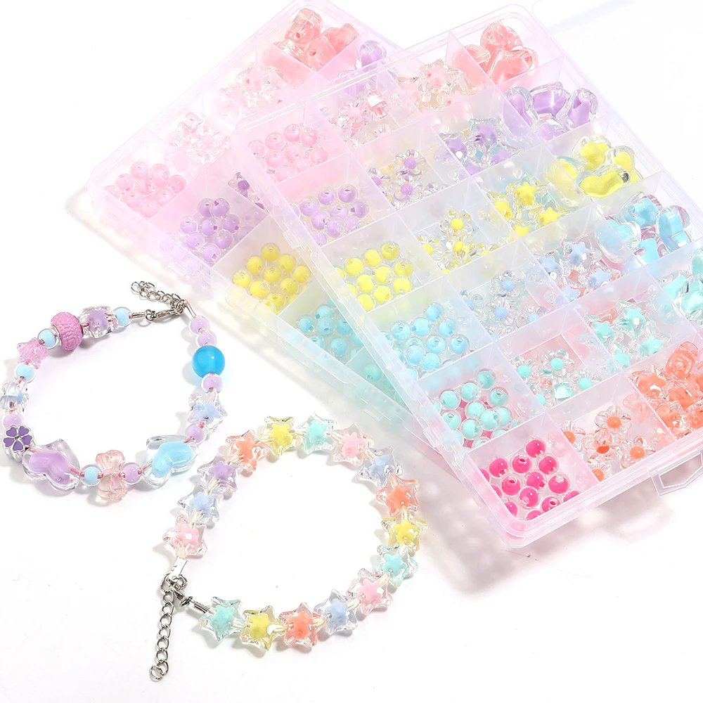 24 Grides Round Heart Flower Acrylic Beads Kits Loose Beads Box For Children Girls DIY Jewelry Making Kits Necklace Bracelet
