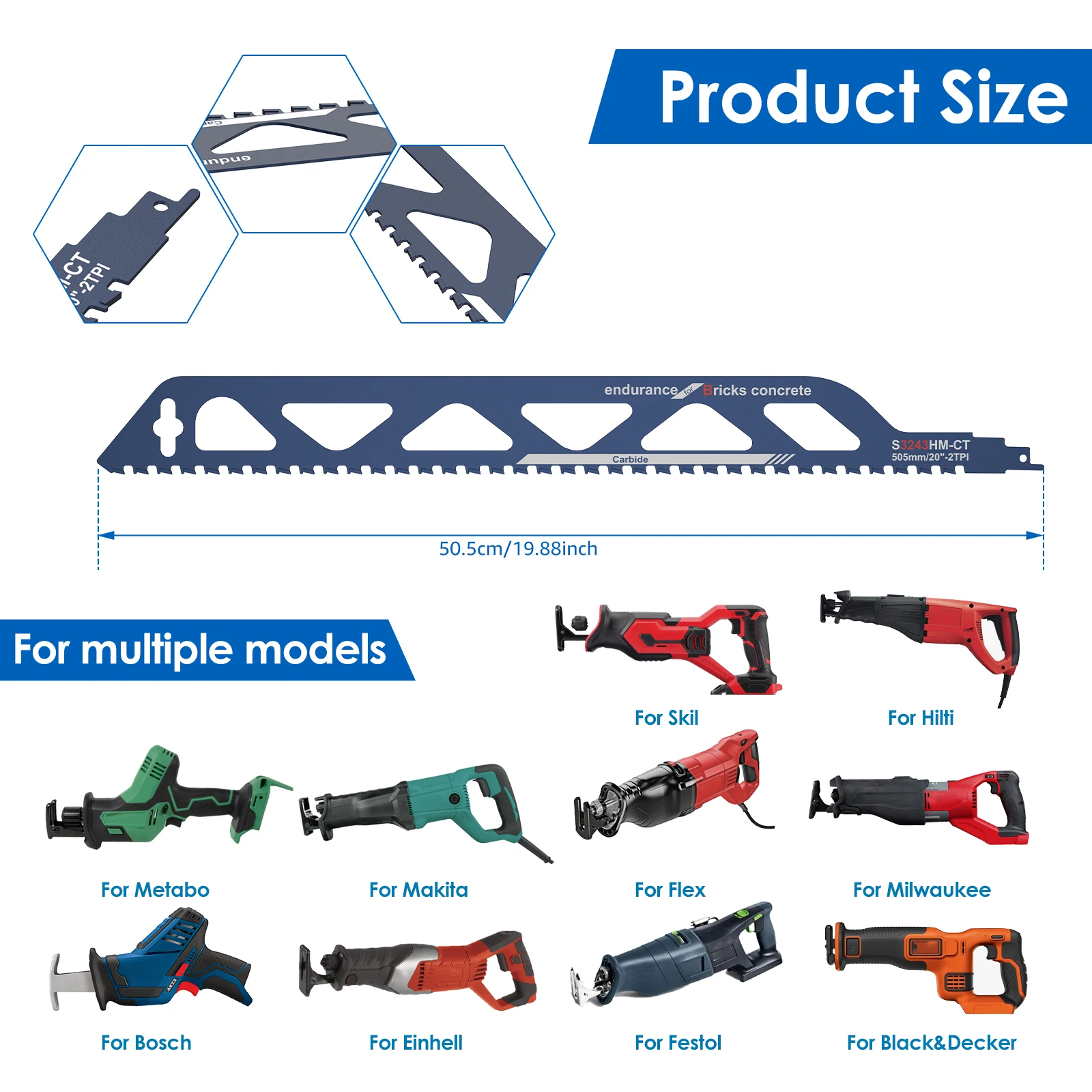 Reciprocating Saw Blade 12/18/20inch Brick Cutting Recip Saw Blade Tungsten Carbide Teeth Tipped Blade For Concrete Stone Brick