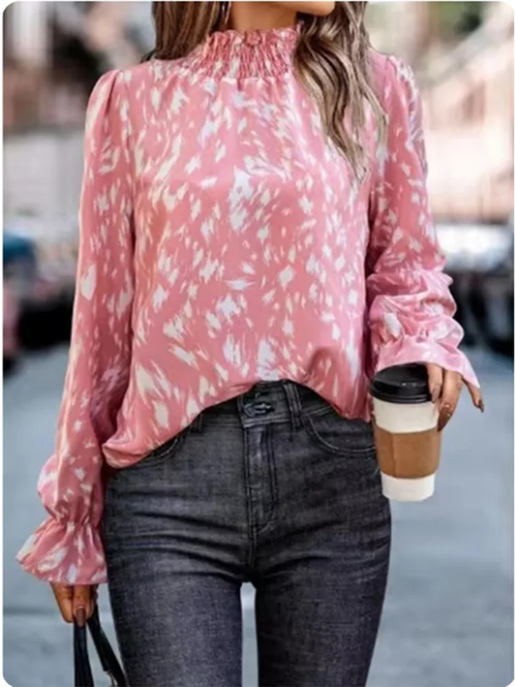 

Autumn Round Neck Lotus Leaf Long Sleeved Leopard Print T-shirt Fashionable Street Elegant Versatile Women's Top
