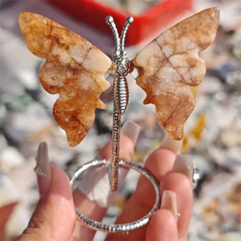 Natural Red Fire Quartz Hematoid Butterfly Wing Carving Witchcraft Ornaments Home Decoration Accessories Room Decor Gift 1pcs