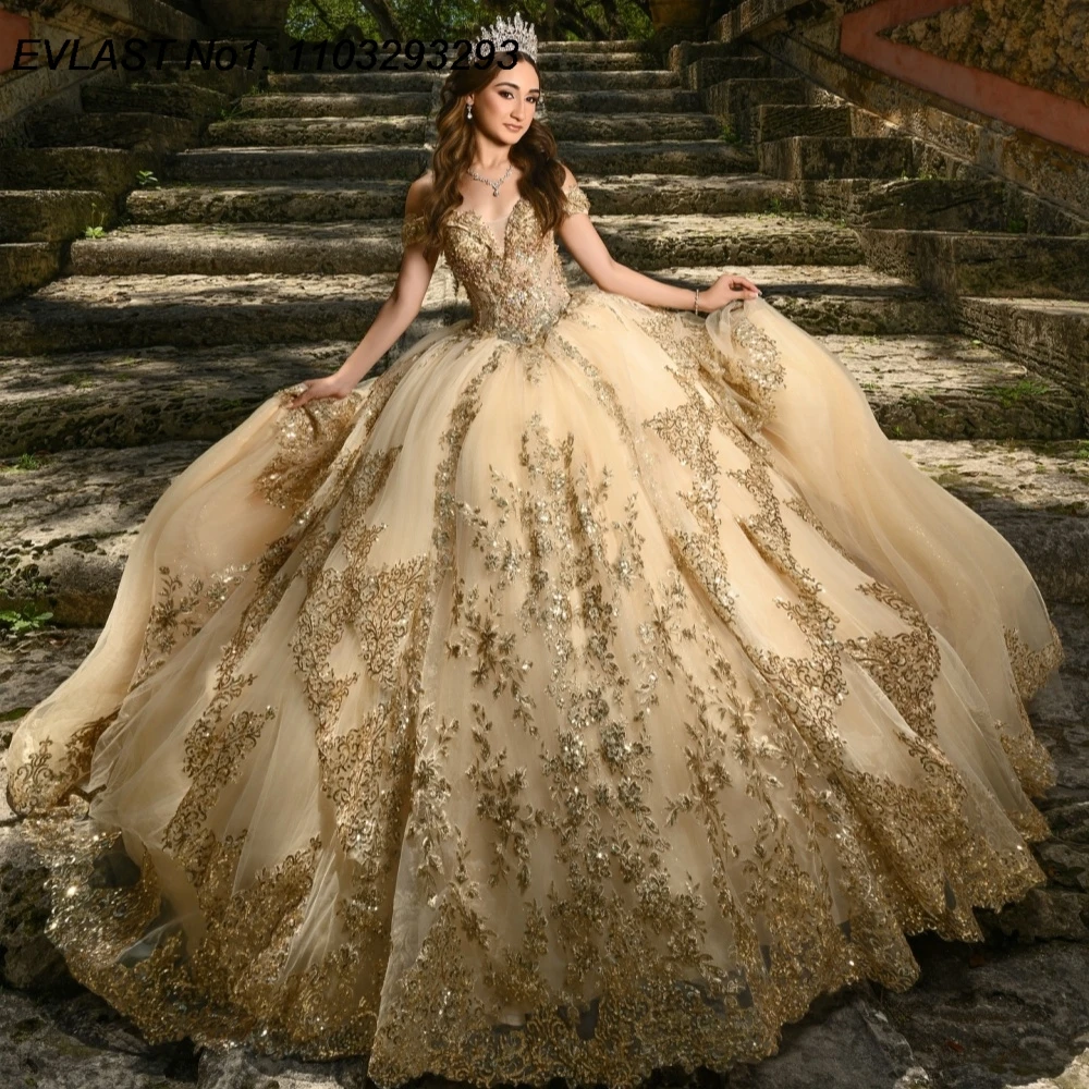 EVLAST Customized Princess Gold Quinceanera Dress Ball Gown Sequins Lace Applique Beading Sweet 16 Vestidos De 15 Anos E1QN875