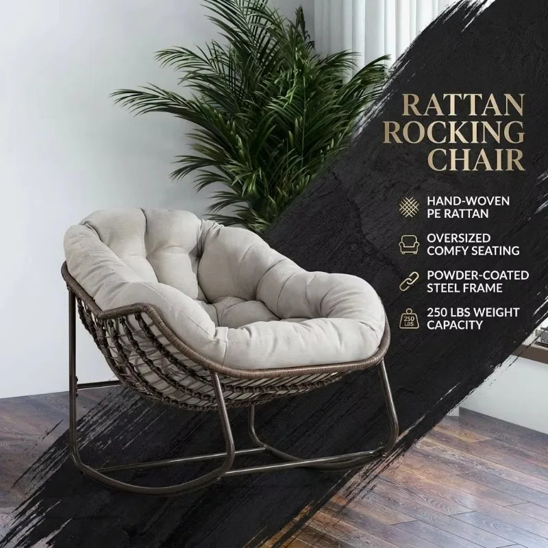 Outdoor rattan rocking chair with upholstered, suitable for front porch, living room, patio, garden