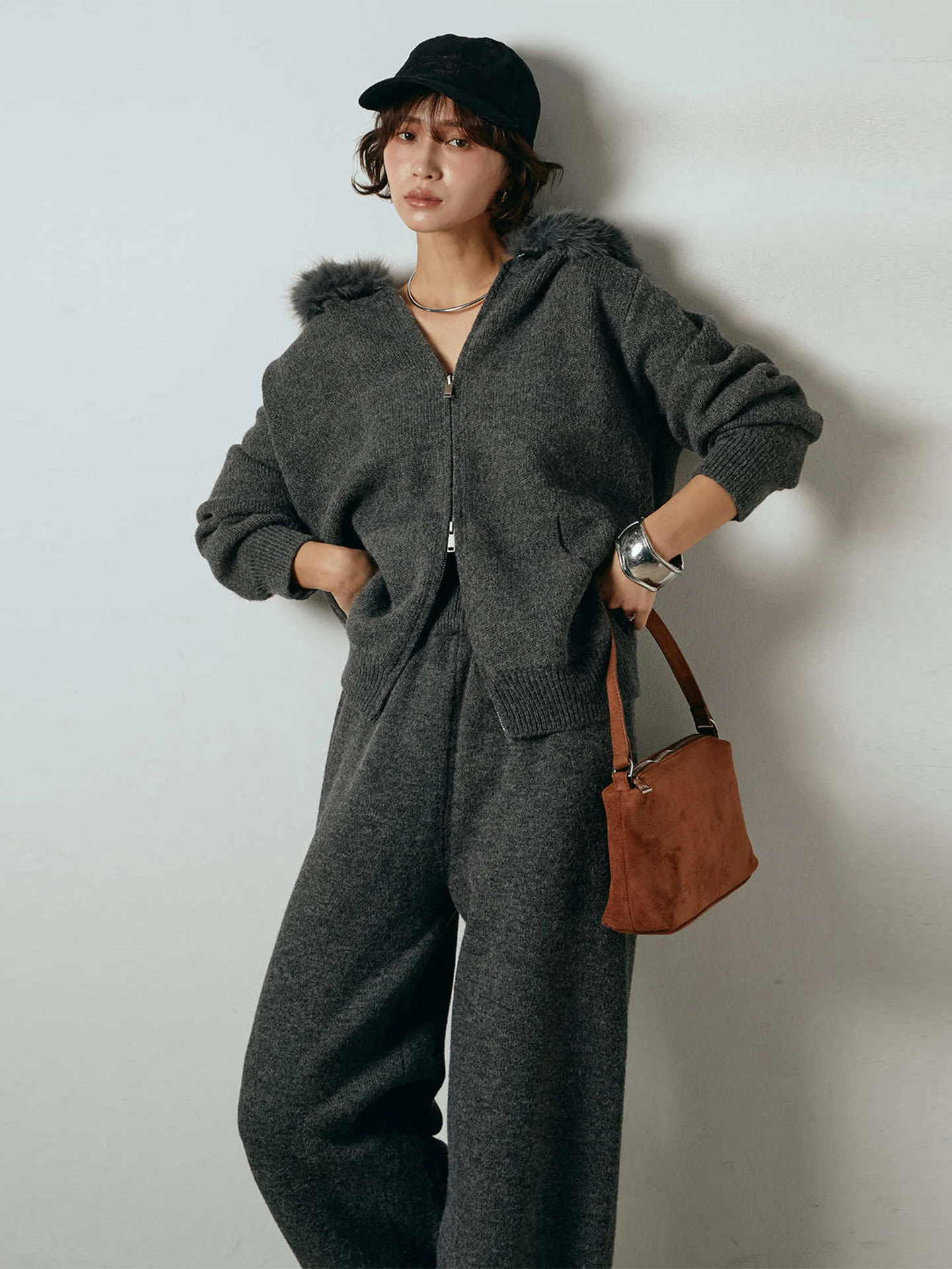 Women's Knitted Set Wide Leg High Waist Winter Fashion Large Fur Collar Open Cardigan And Pants Two Piece Suit Lazy Style