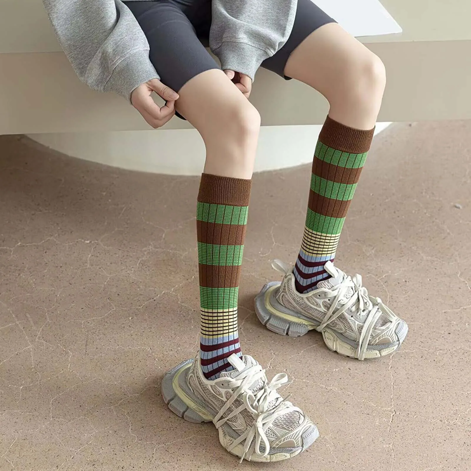 Women's Color Matching Medium Length Socks Green Brown Horizontal Shank Socks Trendy Socks Vintage Socks Tights for Women Fleece