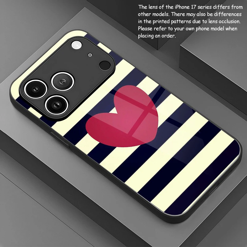Creative Striped Heart Pattern Tempered Glass Phone Case For iPhone 18 17 16 15 Pro Max 14 13 12 11 17Air 7 8 Plus XR XS X Cover