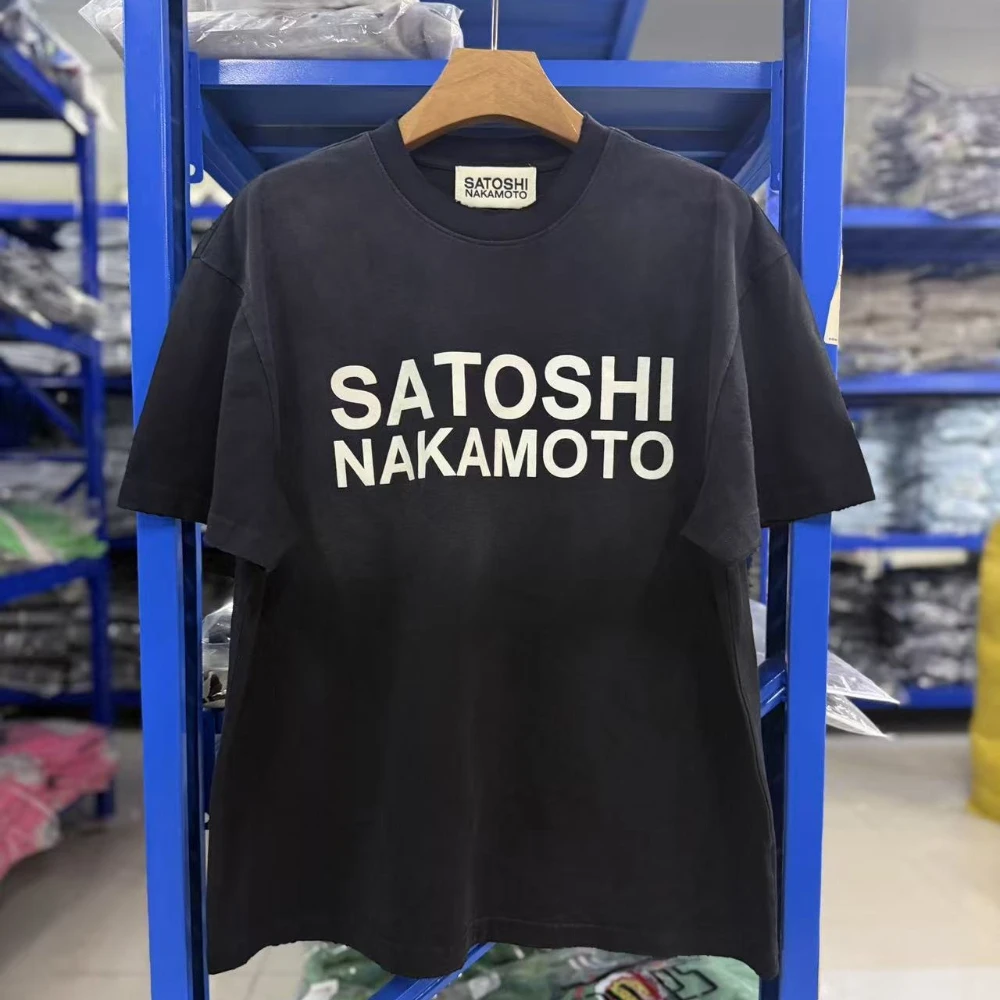 Satoshi Nakamoto Summer Retro Letterprint Washed and Weathered Stained and Cracked Loose-Sleeved Short-Sleeved T-Shirt