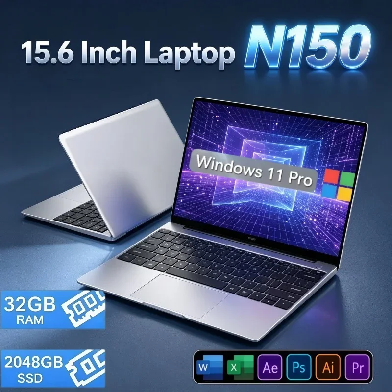 15.6 Inch Intel N150 Powered Laptop 32GB RAM 2TB SSD Portable Notebook Computer For Office Editing Document Student Learning