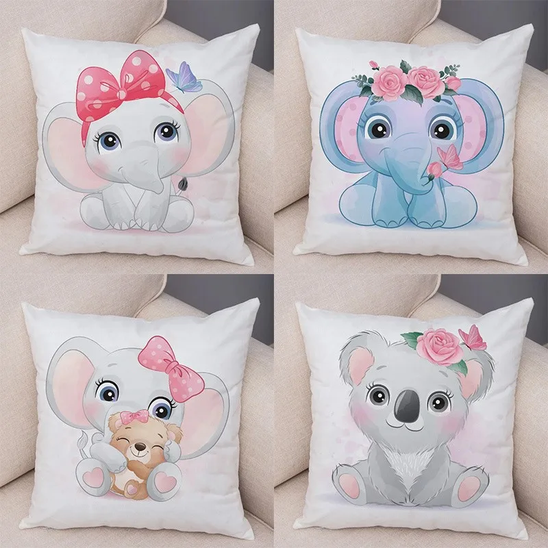 Cute Cartoon Elephants & Koala Pillow Covers Pattern Cushion Cover Suitable for Sofa Bedroom Car Pillow Cover