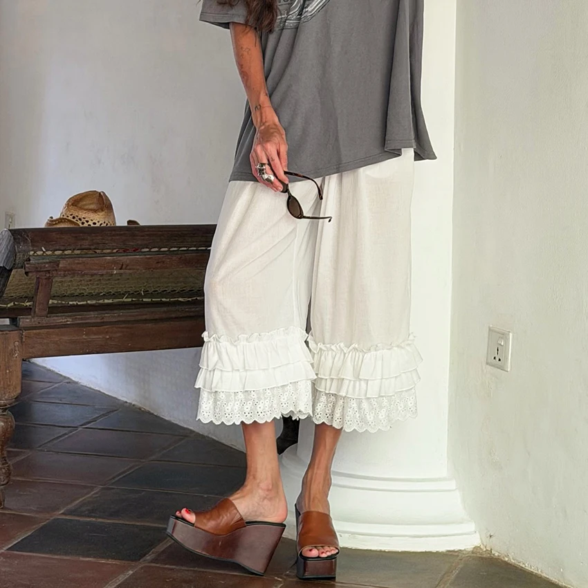 Linad Vintage White Embroidery Wide Leg Pants 2026 Elegant Lace Elastic Waist Layer Long Pants Street Chic Cotton Loose Trousers