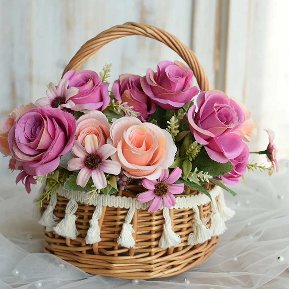 

Tassel Woven Flower Basket Princess Blue 20cm Rattan Storage Container Candy Small Flowers Gifts Home Party Decorative