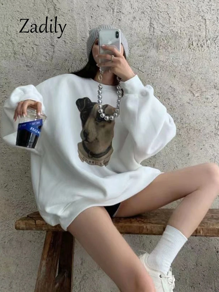 

2024 Autumn Minimalist Long Sleeve Women White Hoodies Casual O Neck Dog Printing Loose Woman Pullovers Female Clothing Tops