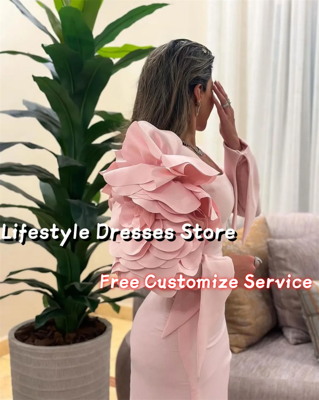 Customized Pink Crepe Square Neck Evening Dresses Tiered Ruched Long Sleeves Prom Dresses Wedding Formal Party Gown