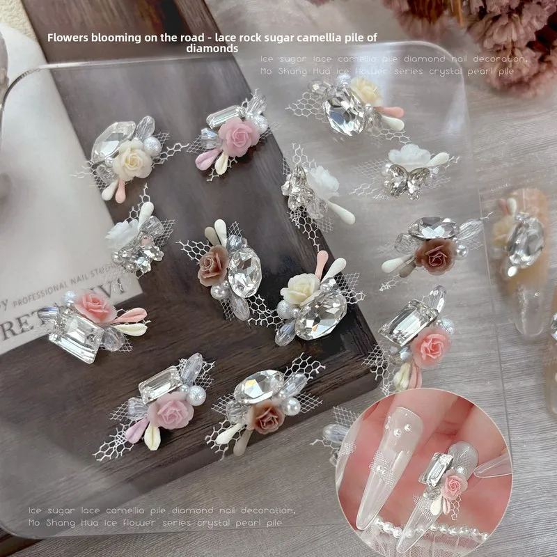 3pcs Lace Camellia Nail Charms Sugar Pigeon Egg Handmade Rhinestone Cluster Nail Art Decorations Jewelry DIY Manicure Supplies