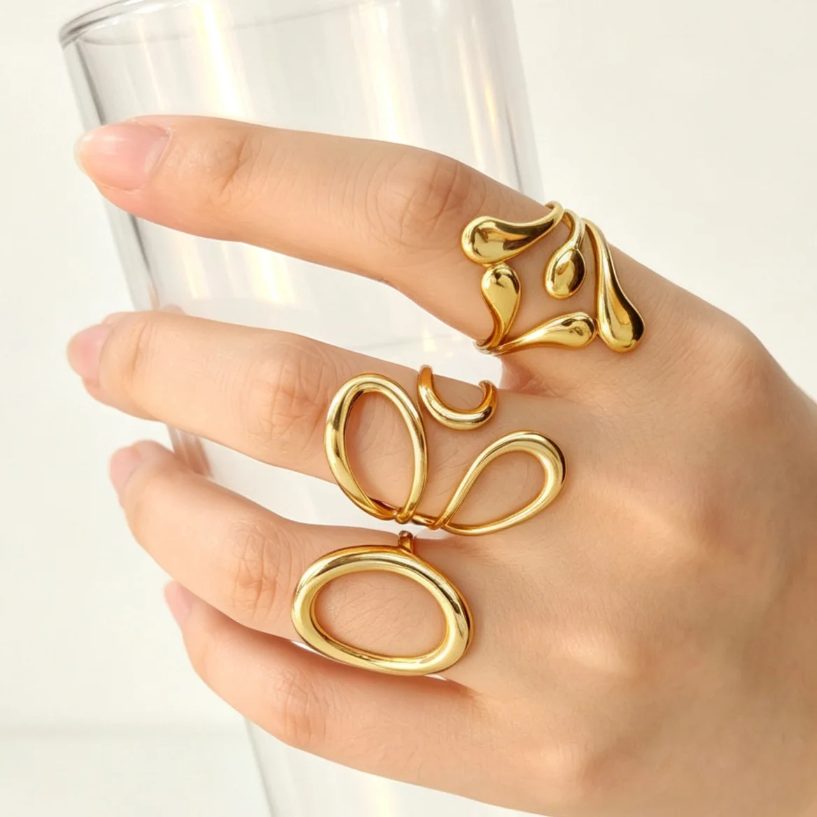 Simple 18K Gold Plated Irregular Opening Women's Ring Abstract Water Drop Hollow Stainless Steel Ring Jewelry for Daily Wear