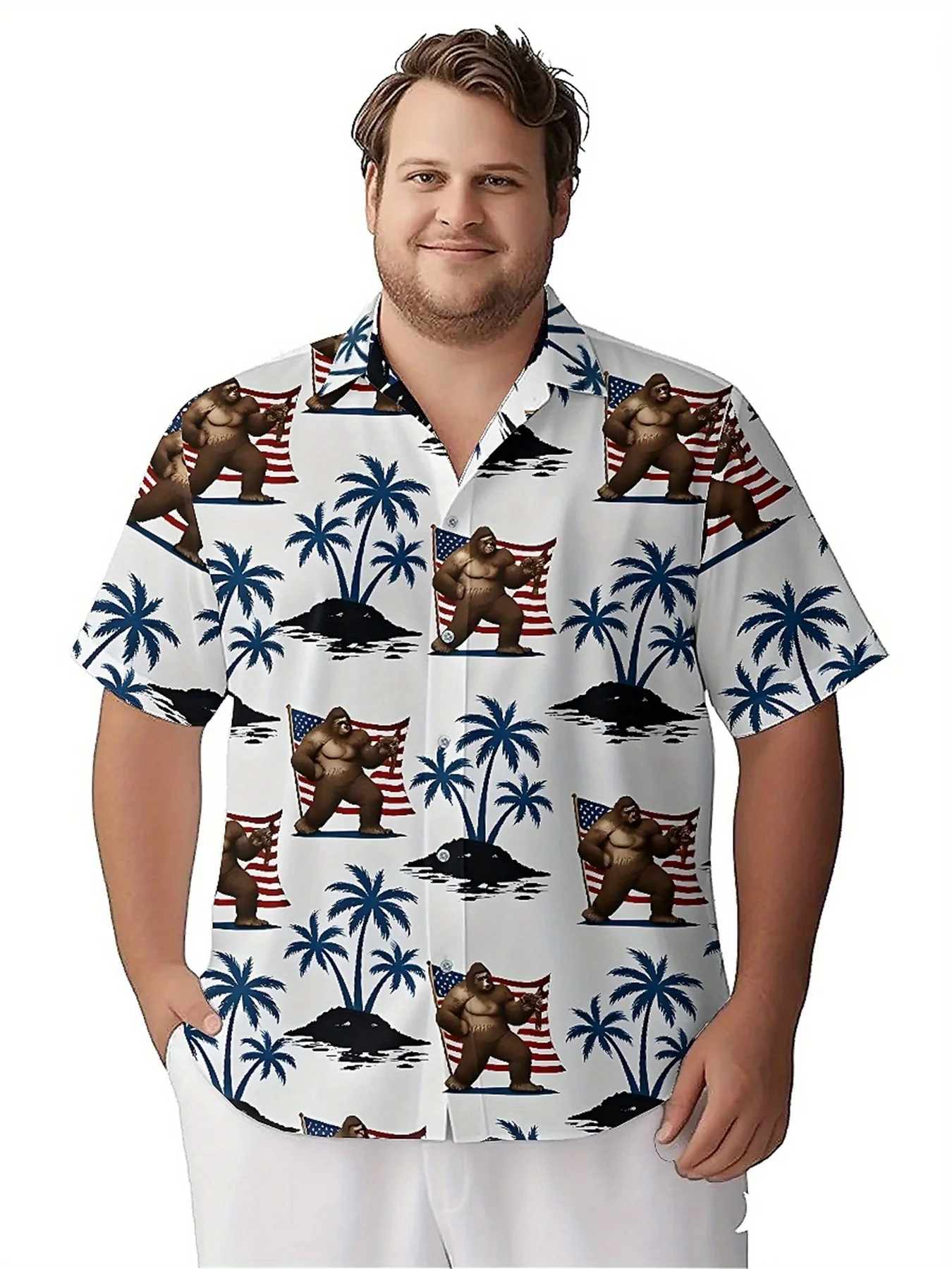 Camisas hawaianas de talla grande para hombre, tema de Sasquatch de EE. UU., patrón del Día de la Independencia, camisas con botones, ropa informal unisex, tops de verano