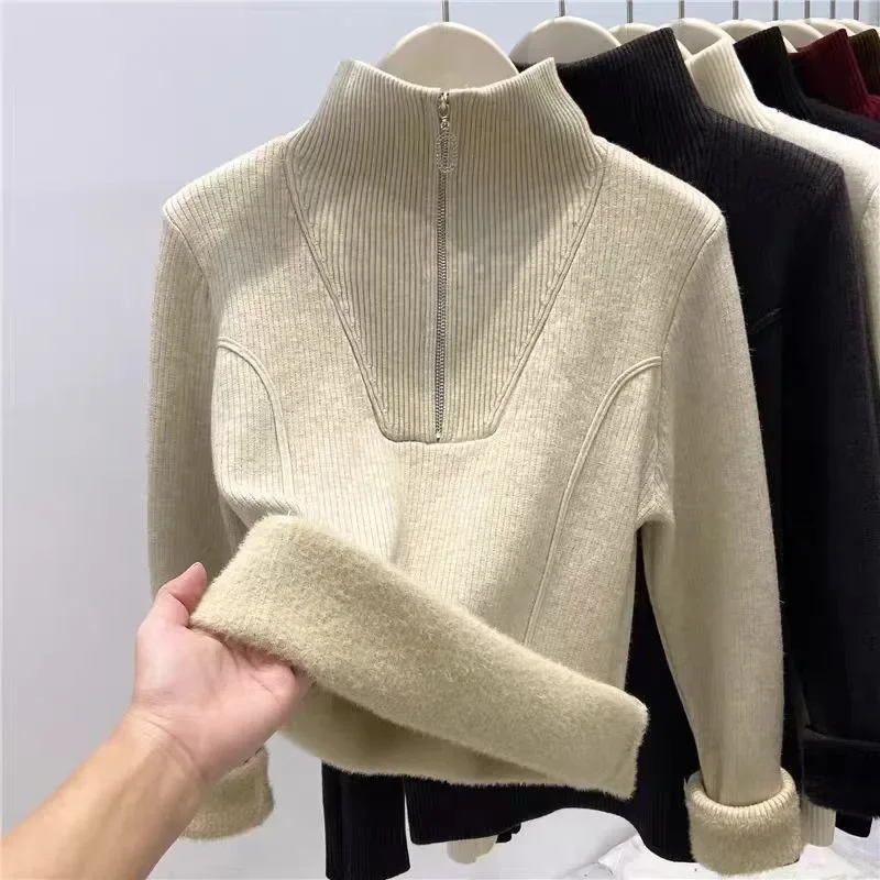Women Casual Loose Long Sleeves Pullover Half Zip Stand Up Collar Sweater for Women Autumn and Winter Fleece-lined Warm Sweater