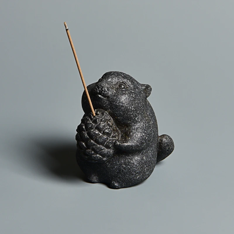 Squirrel Statue Hand Carved Natural Basalt Incense Holder Tea Pet Exquisite Table Ornament Home Decor Premium Gift