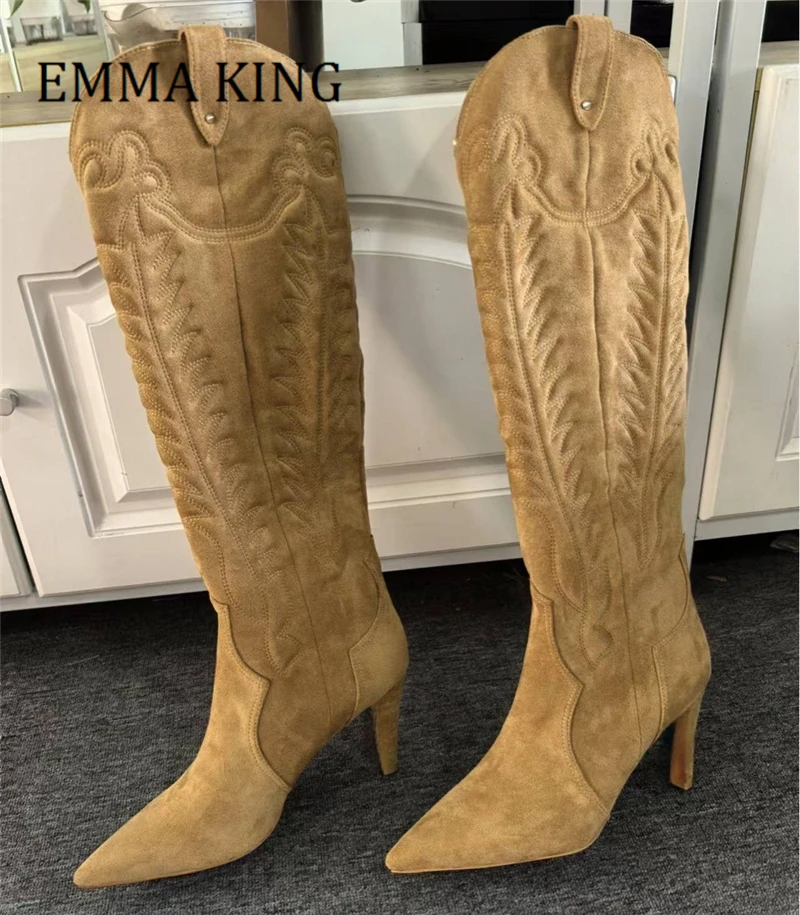 Embroidered Western Cowboy Boots Faux Suede Leather Knee-high Boots for Women Pull on Style Cowgirl Boots Plus Size 43