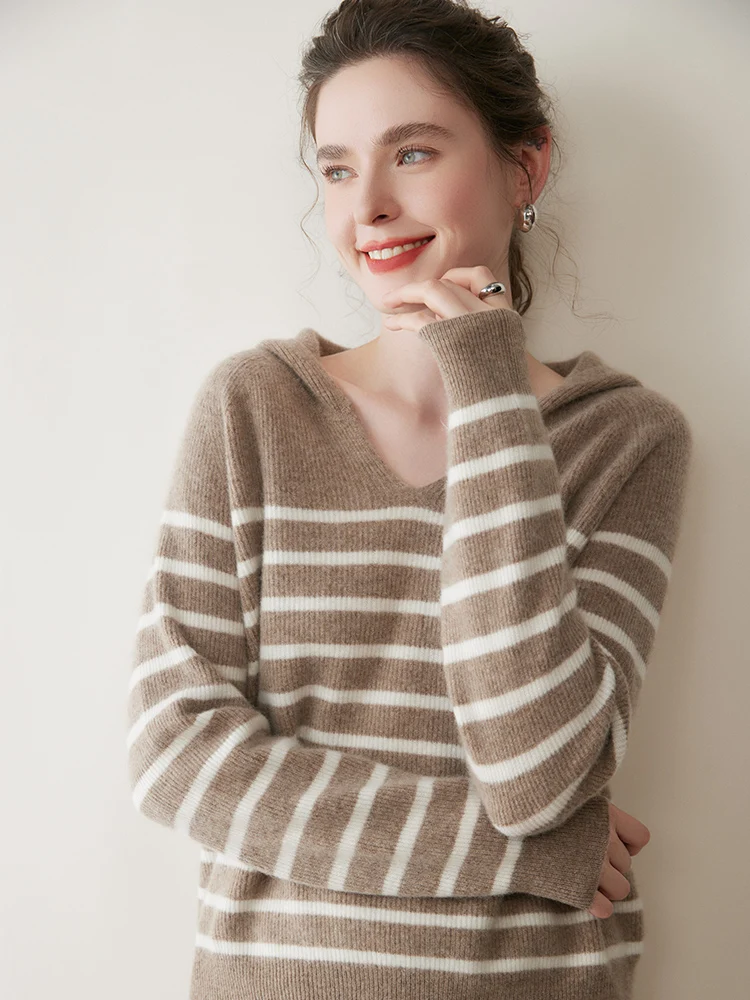 

Yoyoselect Autumn Winter Women's 100% Cashmere Sweater Hooded Striped Pullover Cashmere Hoodie Luxury Soft loose Cashmere Tops