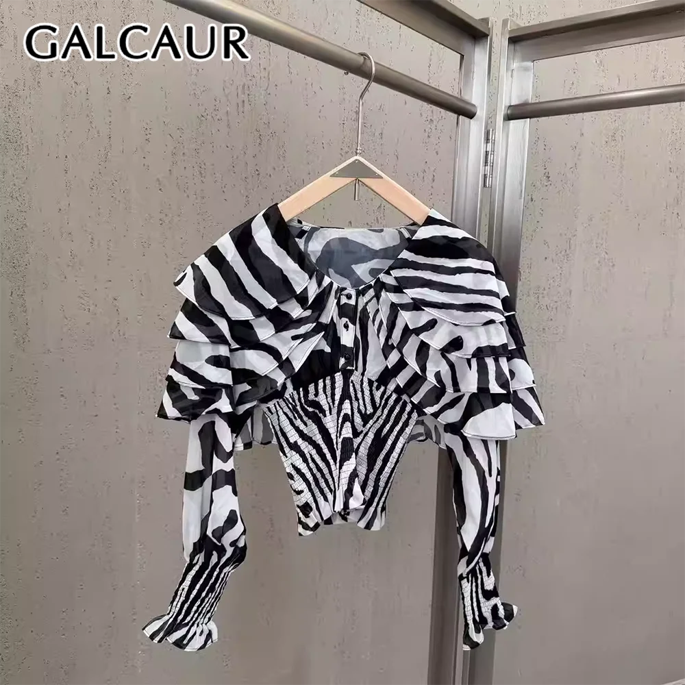 

GALCAUR Colorblock Slimming Spliced Ruffles Fold Blouse for Women Round Neck Long Sleeves Patchwork Buttons Top Female Fashion