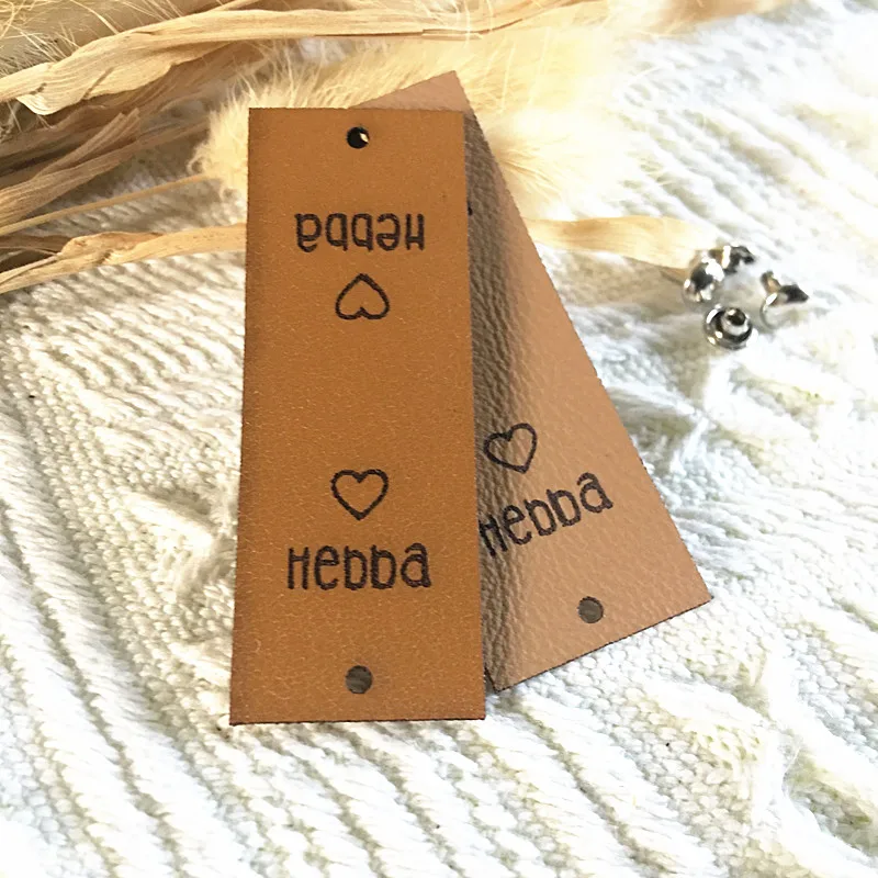 

30pcs Custom handmade labels for clothes hats Folding leather tag for knitting crochet Sewing rectangle garment label with rivet