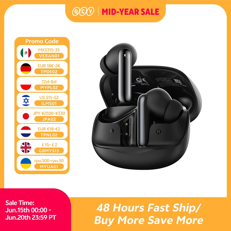 QCY Melobuds N50 ANC Bluetooth 5.4 Wireless Earphones Active Noise Cancellation 6 Mics Clear Call Earbuds Multipoint Connection