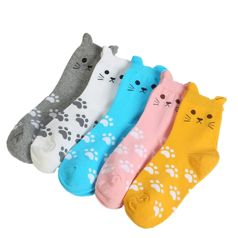 

5 Pairs Women Men Harajuku Animal Socks Novelty Funny 3D Kitten Ears Cartoon for Cat Paws Printing Casual Cotton