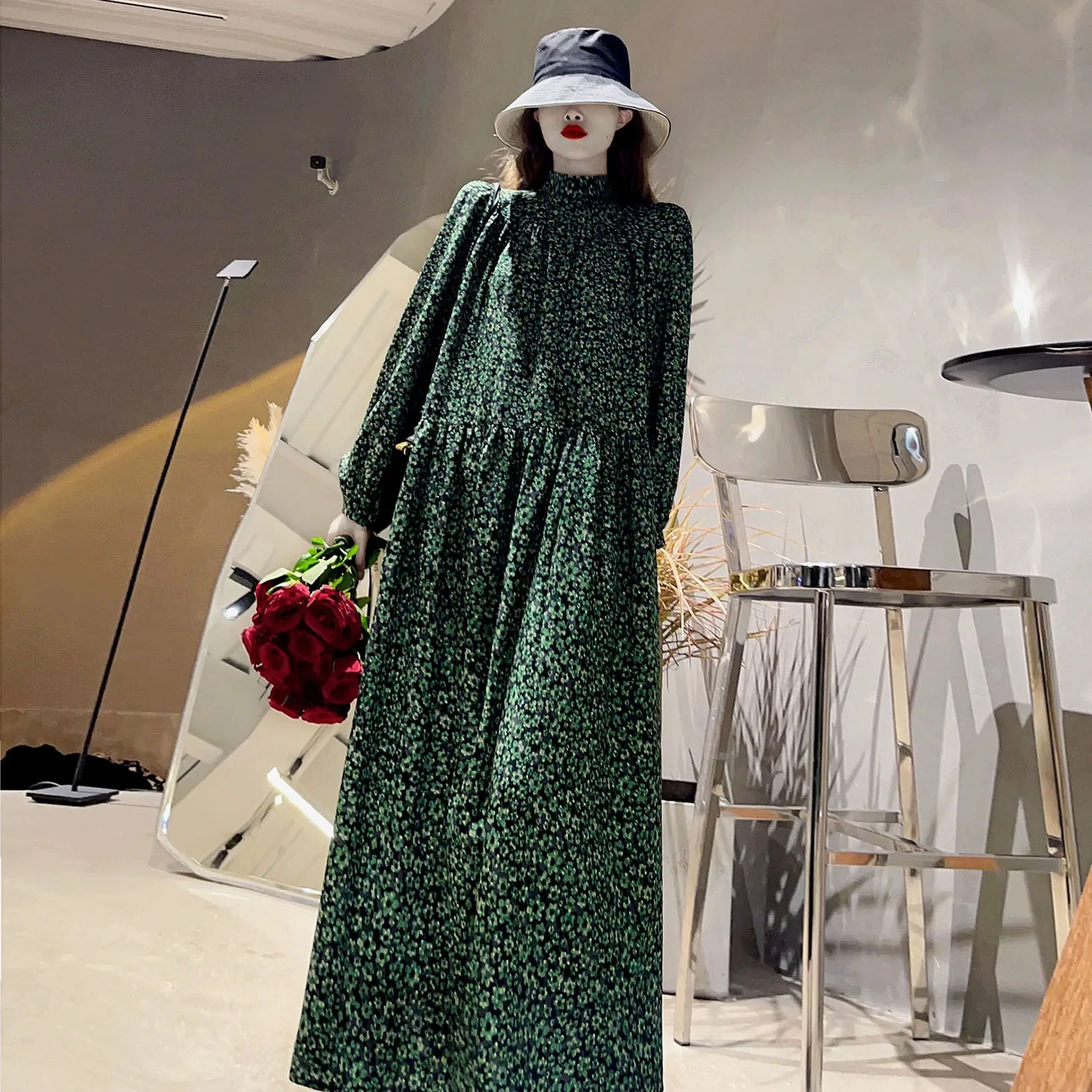 Vestido retrô de manga comprida de gola alta, muçulmano, islâmico, estampado com flores, abaya, caftan marroquino, vestidos maxi, casual, primavera, outono