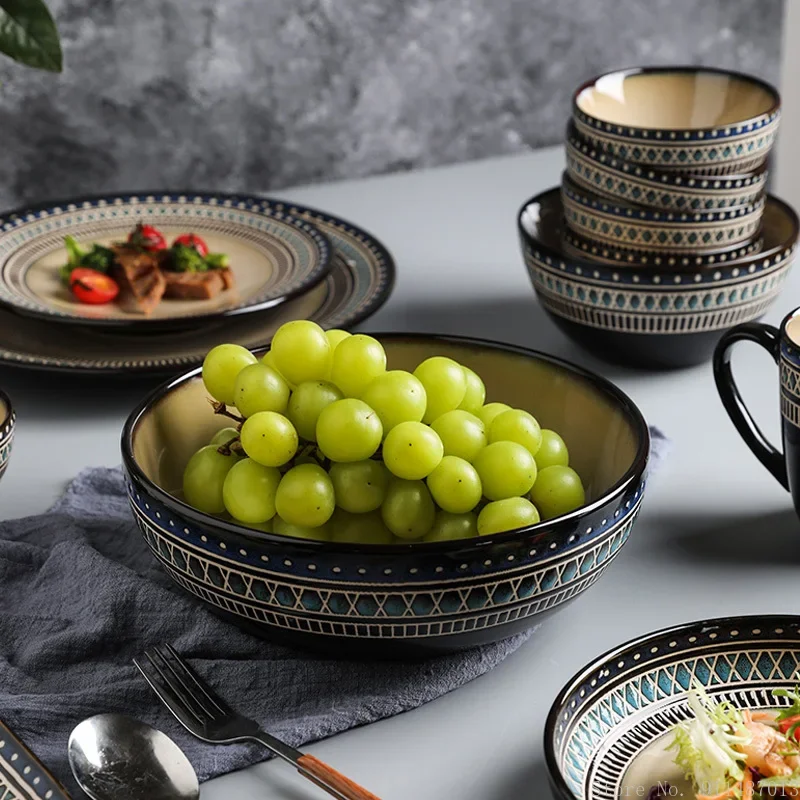 Moroccan Retro Tableware Creative Ceramic Home Kitchen Supplies Soup Rice Bowl Dessert Western Food Plate Steak Dinner Plate 1Pc
