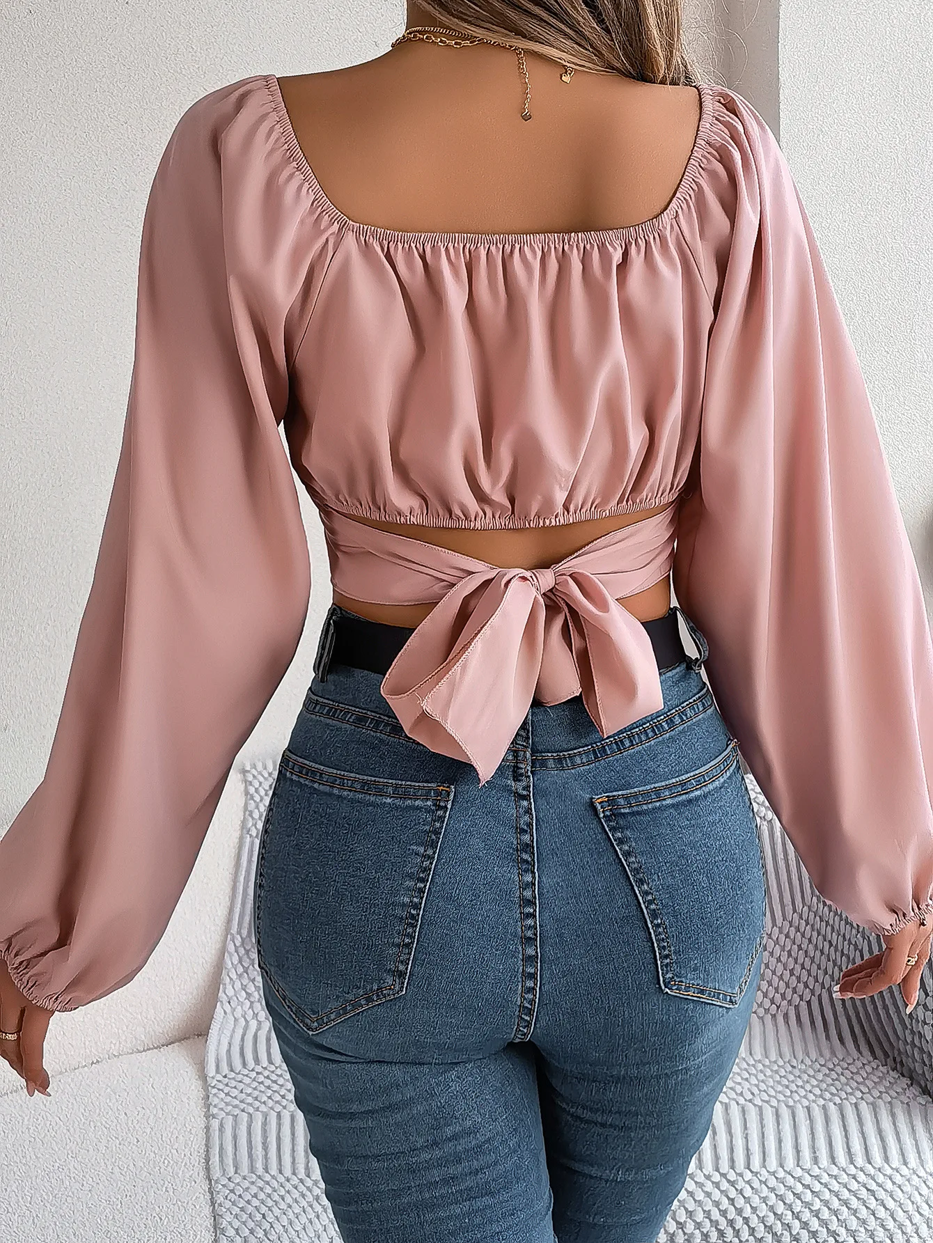 Casual Tie Waist Chiffon Shirt With Exposed Navel Top French Style Preppy Girl Puff Sleeve Shirts Summer Design Sense Sweet Top