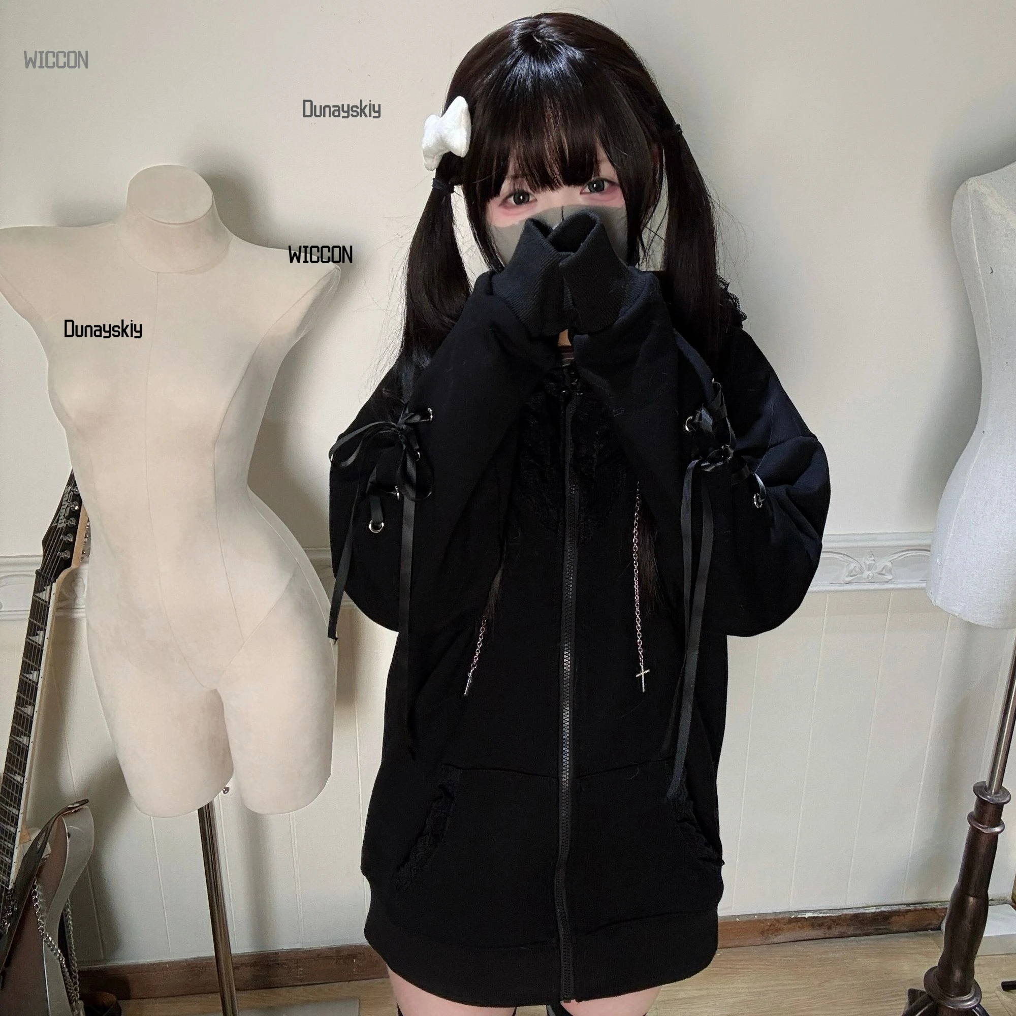 Jirai Kei Japanese Subcultural Lace Dark Cat Punk Coat Cosplay Costumes Women Girls Y2K Lace Ribbon Hooded Halloween Christmas - view 2