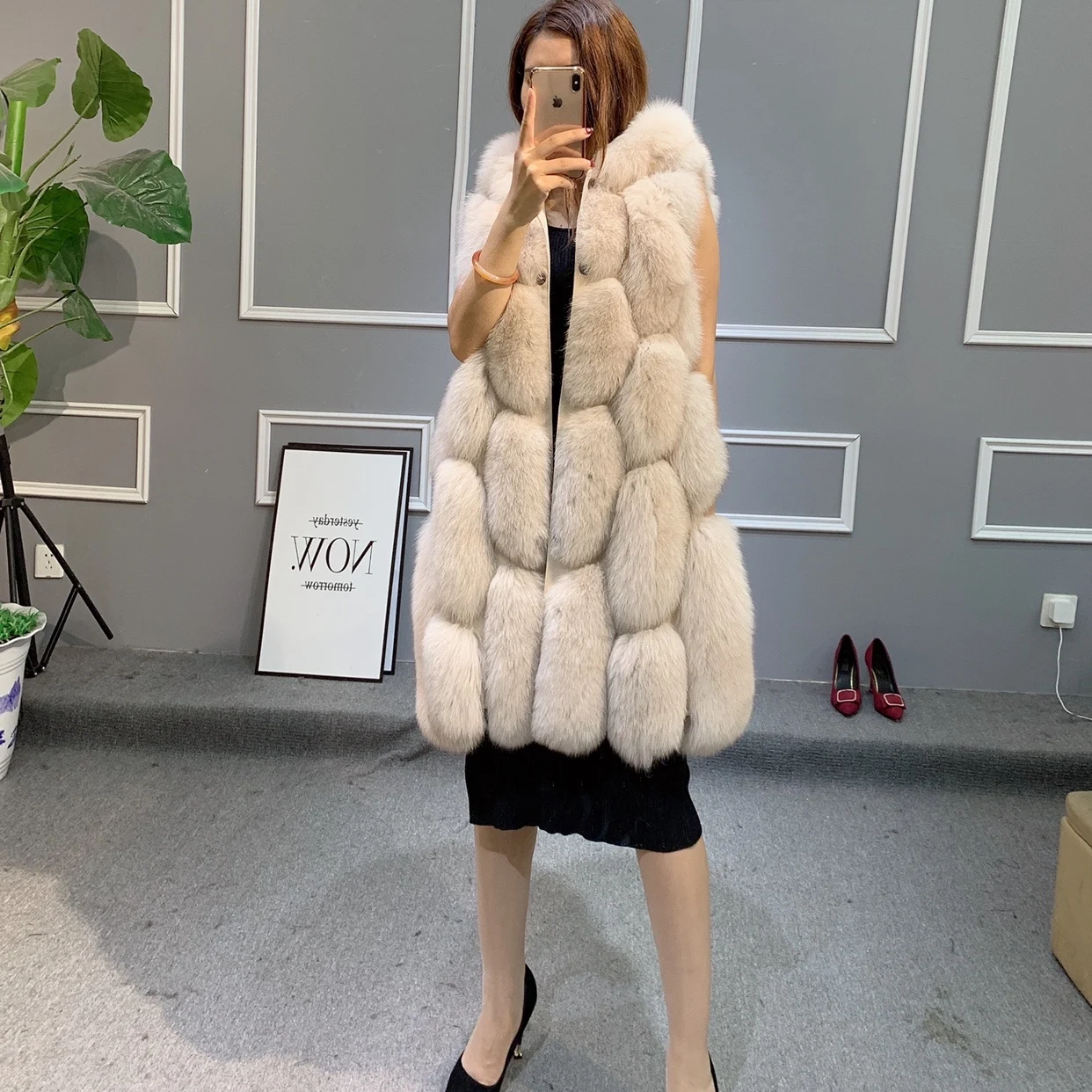 Real Fur Coat for Women Winter Jacket Long Natural Fox Fur Vest Real Sheepskin Leather Hood Thick Warm Overcoat Black New