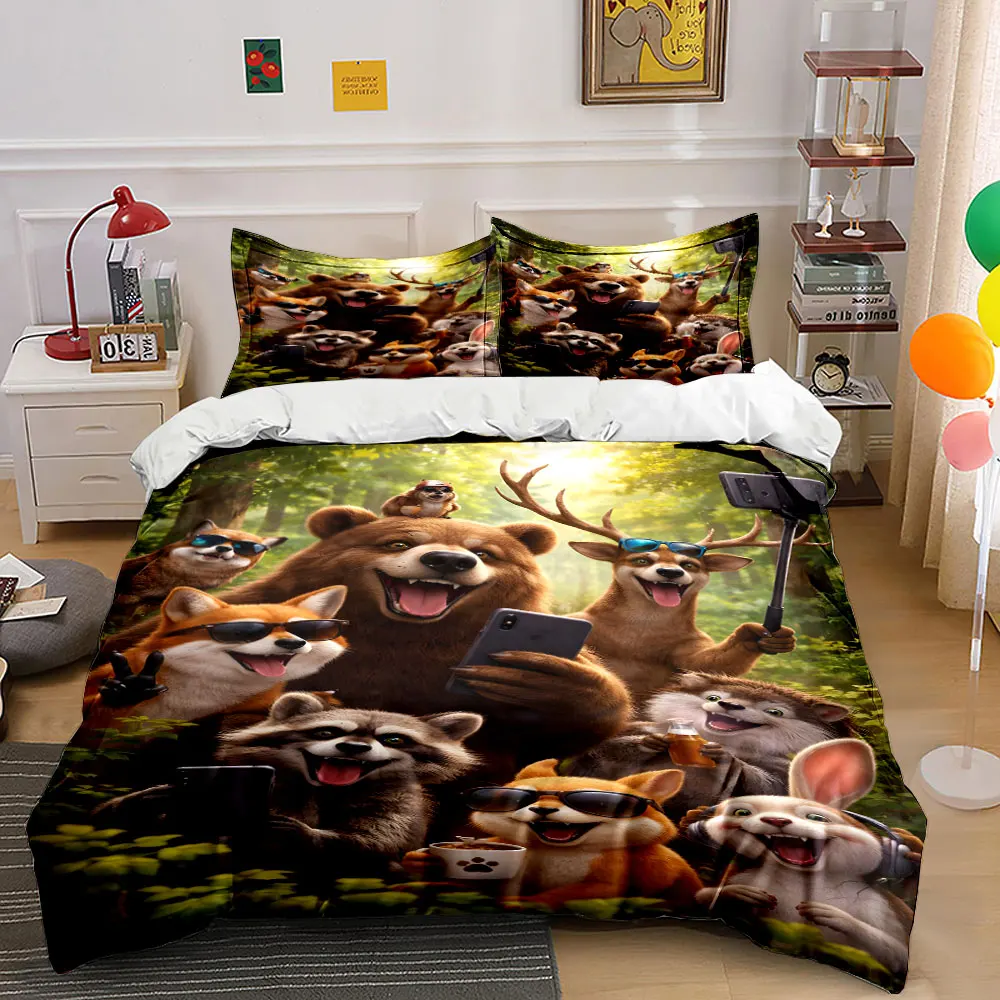Forest animals taking cheerful selfies Print Bedding Set 1 Duvet Cover 2 Pillowcases for Adult and Children Luxury Gift
