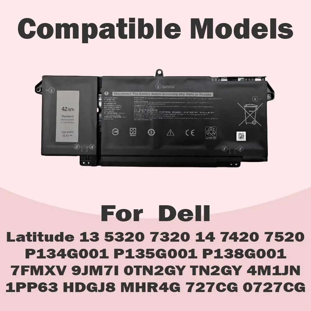 9JM71 11.4V 42Wh 3-Cell Laptop Battery For Dell Latitude 5320/5320 2-in-1,7320/7320 2-in-1 ,7420/7420 2-in-1,Latitude 7520 Lapto