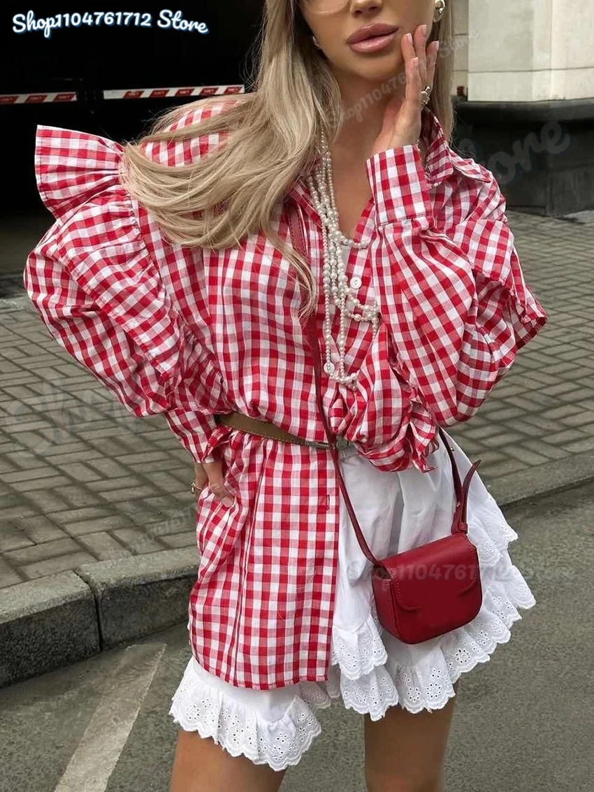 

Fashion Loose Plaid Cotton Women Blouse 2025 Casual Lapel Long Sleeve Shirts Elegant Classic Ruffle Top Female Clothing