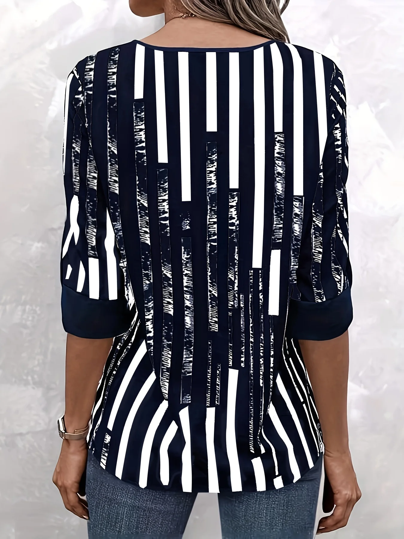 Top casual con cuello en V a rayas, ropa de mujer de primavera y otoño, camisa de manga tres cuartos