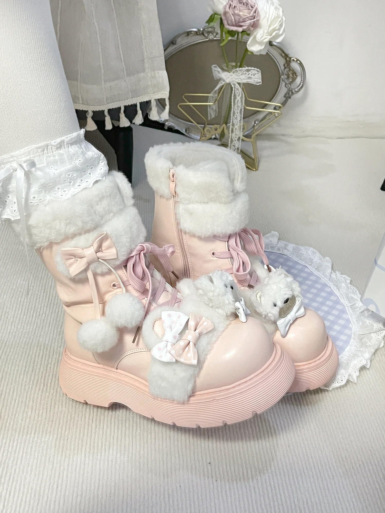 

Japanese Sweet Round Head With Velvet Cute Lolita Winter Short Boots Kawaii Loli Girls' Students Warm Versatile Women's Boots