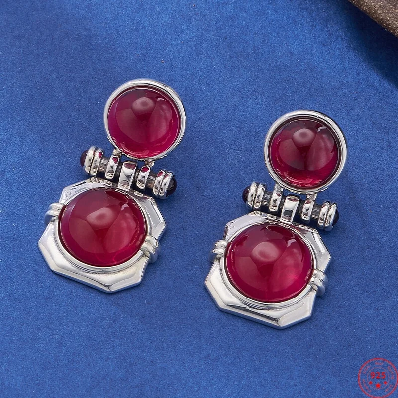 S925 Sterling Silver Charms Studs Earrings for Women Creative Geometric Pattern Inlaid Red Corundum Ear Studs Jewelry Wholesale