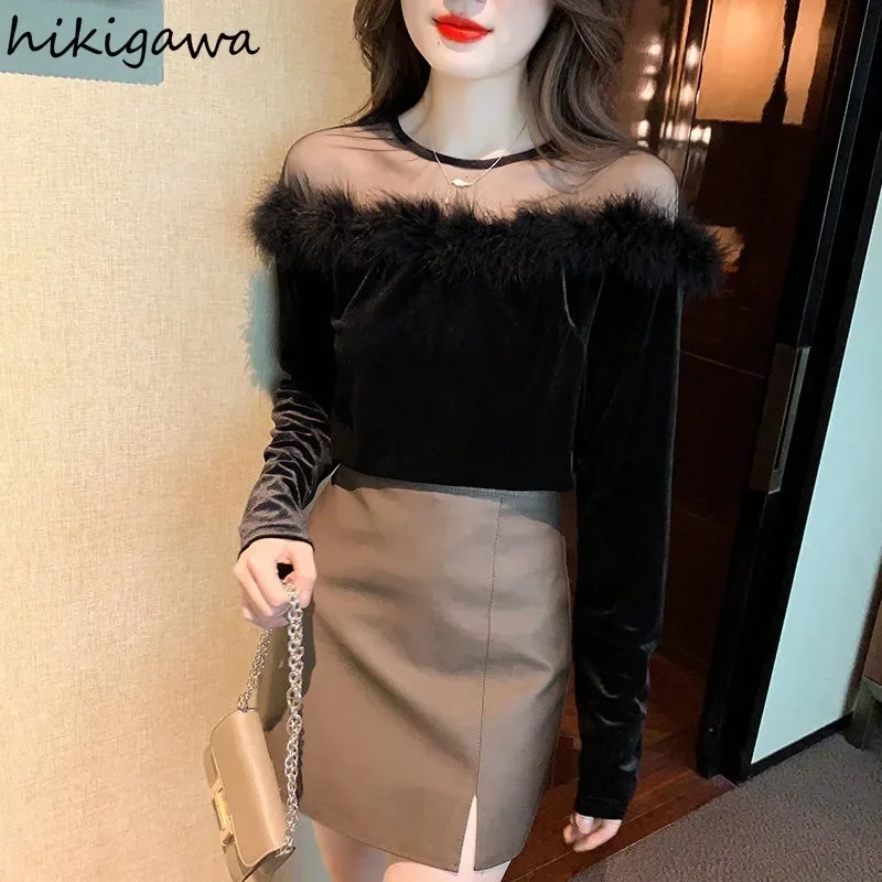 Black Blouse Women\'s Clothing 2024 Camisas De Mujer Patchwork Gauze Furry Temperament Lady Tops Vintage Korean Shirts Blouses