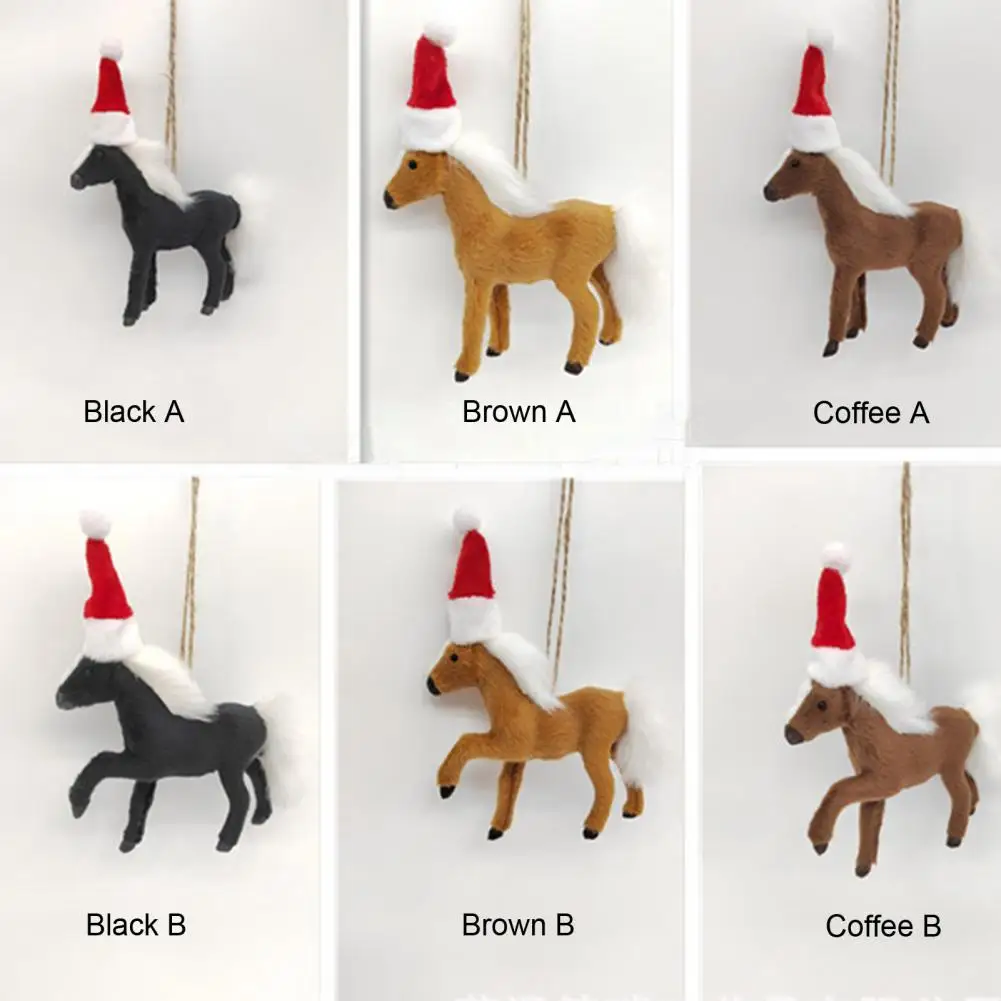 Horse Pendant Lovely Christmas Hat Simulation Animal Model Hanging Ornaments Faux Fur Horse Doll Christmas Tree Pendant Decor