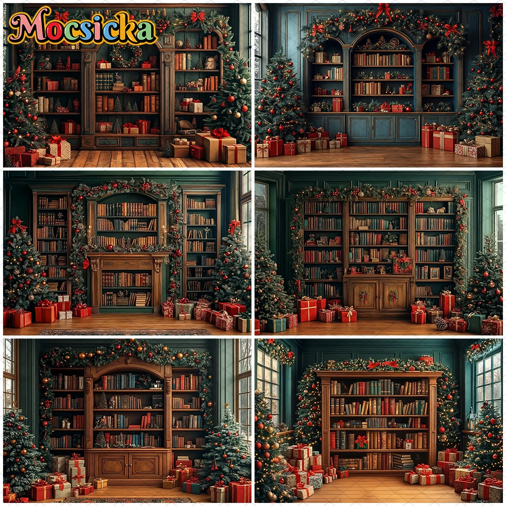 

Mocsicka Christmas Bookshelf Backdrop Photography Home Study Xmas Tree Decor Happy New Year Party Photo Background Studio Banner