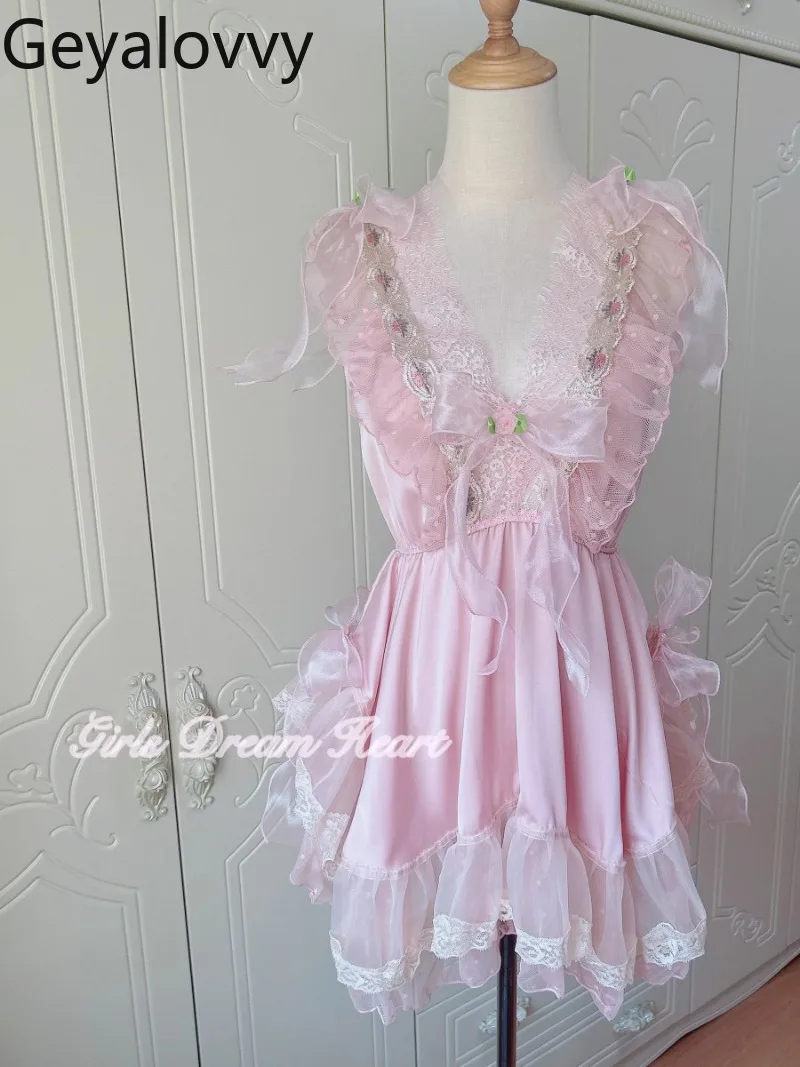 

Handmade Retro Court Style Embroidery Lace Mesh Bow Dresses Summer Sweet Girls High Waist Satin V-neck Suspender Short Dress