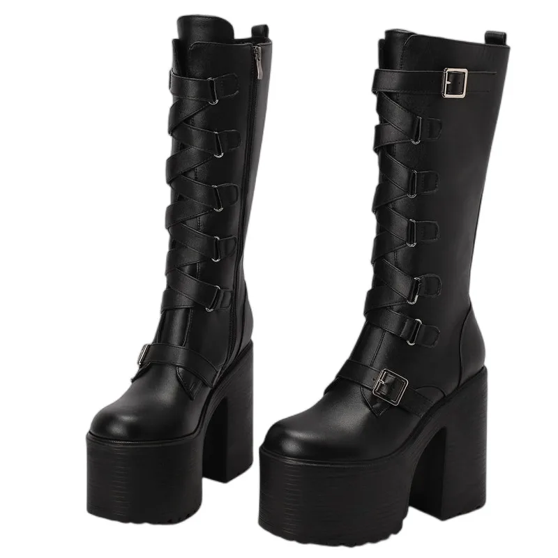 Platform Knee High Boots Women Autumn Winter Punk High Heels Zipper Black White Boot Sexy Buckle Party Goth Shoes Large Size