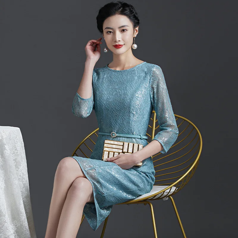 Yourqipao 2023 Autumn Lace Embroidery Light Blue Daily Plus Size Middle-aged Mom Chinese Style Evening Dress Clothing for Women