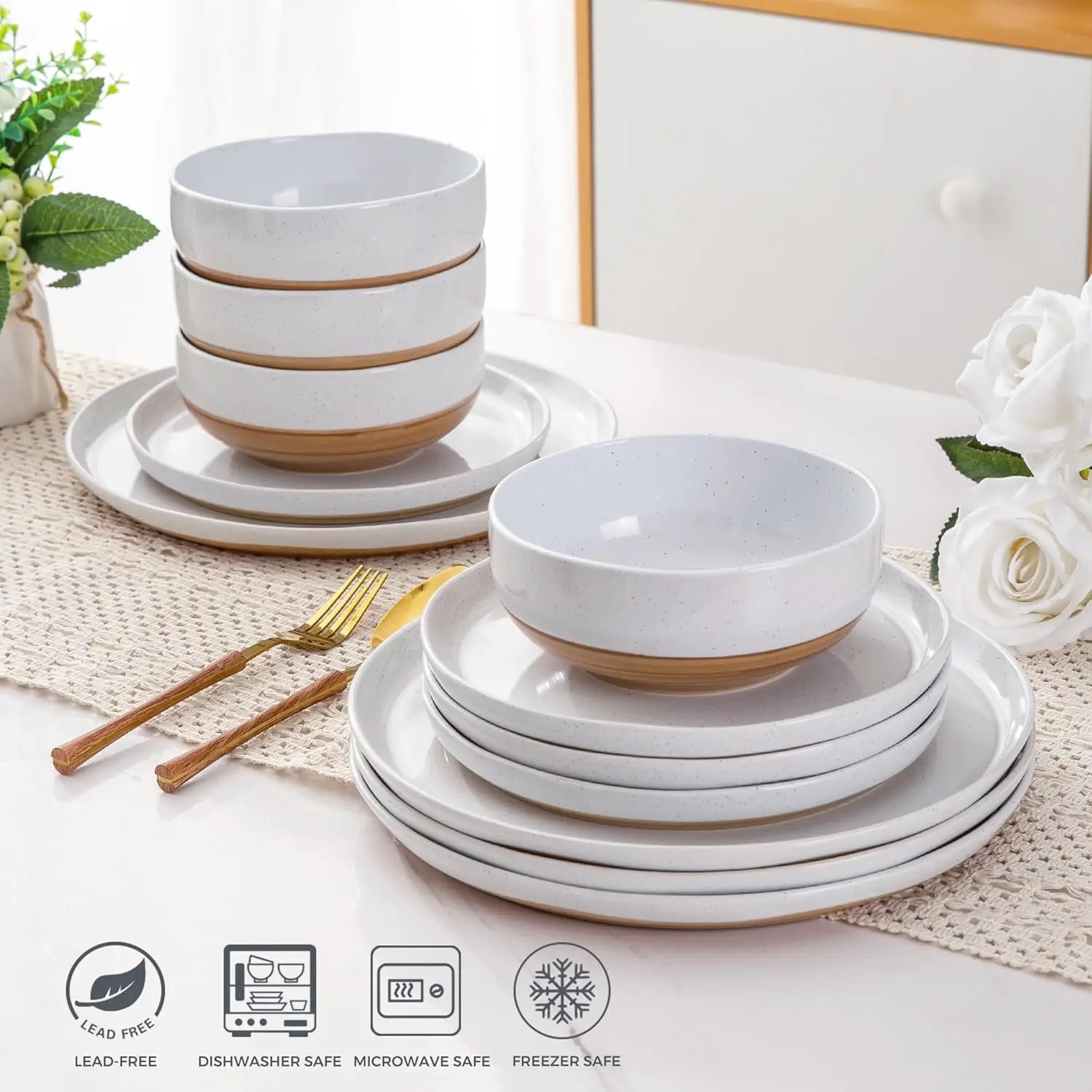 Ceramic Dinnerware Sets for 4, 12 Pieces Handpainted Plates and Bowls Set with Wavy Rim, Chip and Scratch Resistant  Dishes Set,