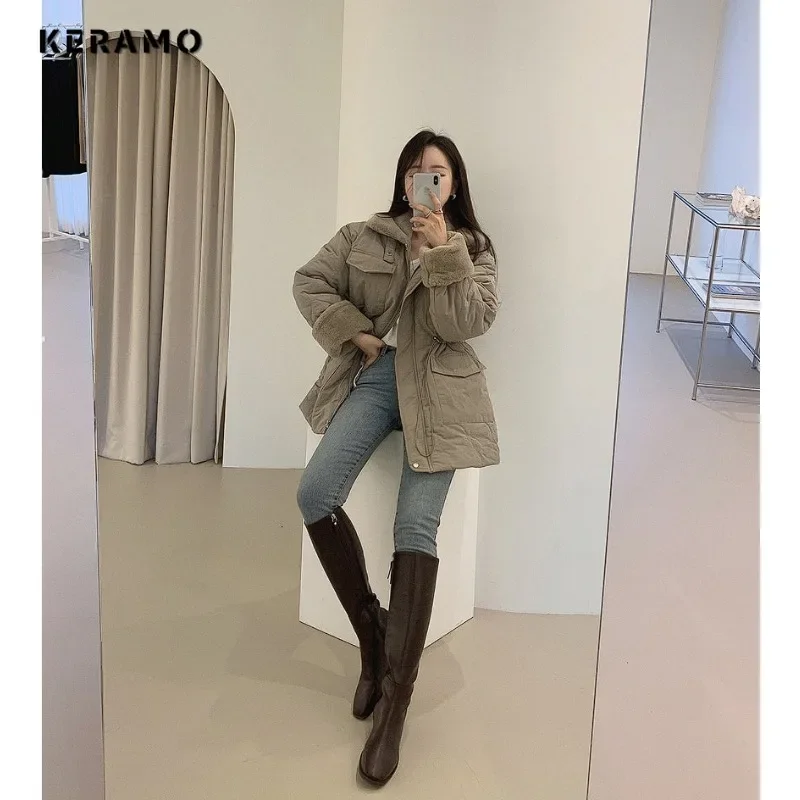 Women Casual Elegant Long Sleeve Single Breasted Parkas 2023 Winter Oversized Outerwear Jacket Fashion Warm Solid Color Coat